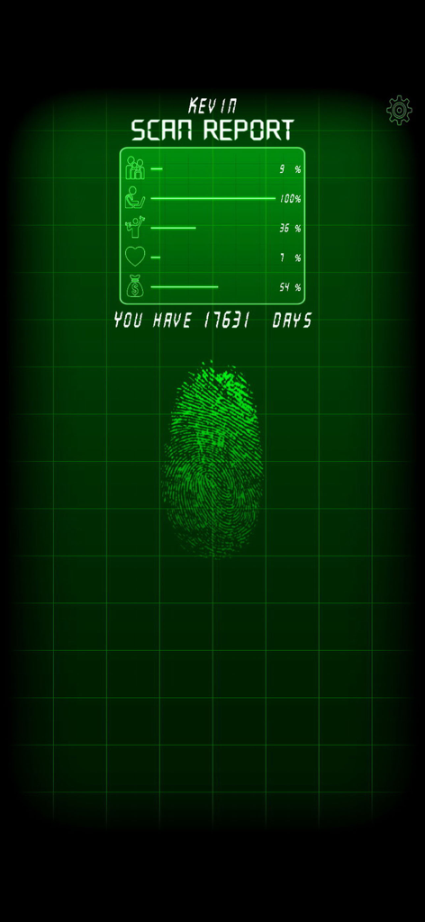 Fingerprint Scan Simulator - Ein digitaler Scanbericht, der einen grünen Fingerabdruck und prozentuale Bewertungen für Lebensbereiche wie Arbeit und Gesundheit anzeigt.