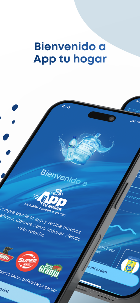 App Tu Hogar: Pide ahora - Pantalla de bienvenida para App Tu Hogar que muestra entrega de agua y bebidas con logotipos de marcas