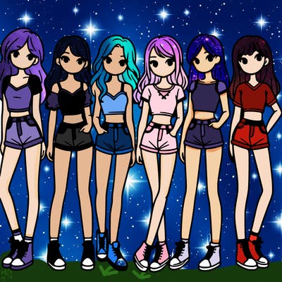 a group of girls wearing crop tops and shorts