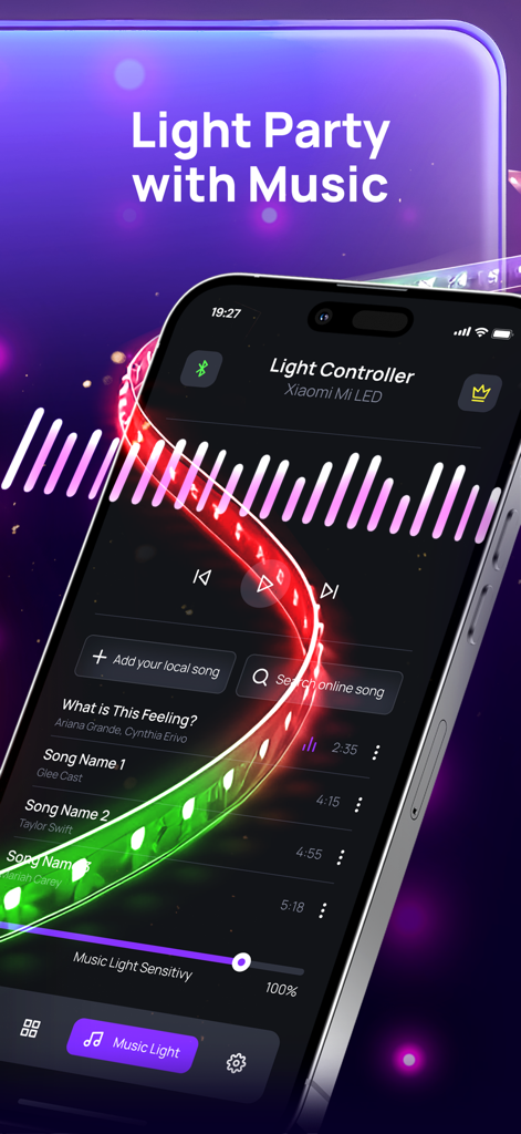 Lotus Light Lantern: Led Strip - Lotus Light Lantern app music sync interface showing light controller settings and song playlist for LED strips