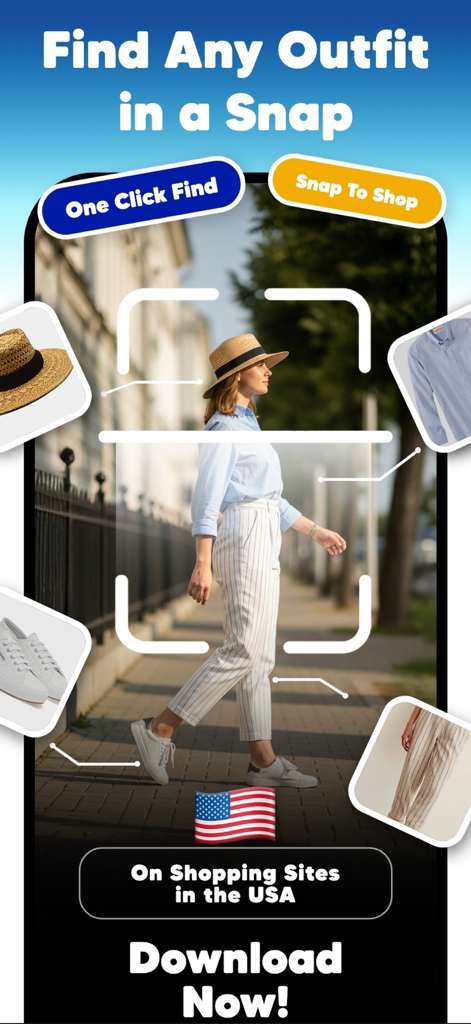 Combyne & Ai Try On - WearUp! - Mobile app interface showing the Snap To Shop feature identifying a hat, shirt, pants, and shoes on a walking person for US shopping sites.