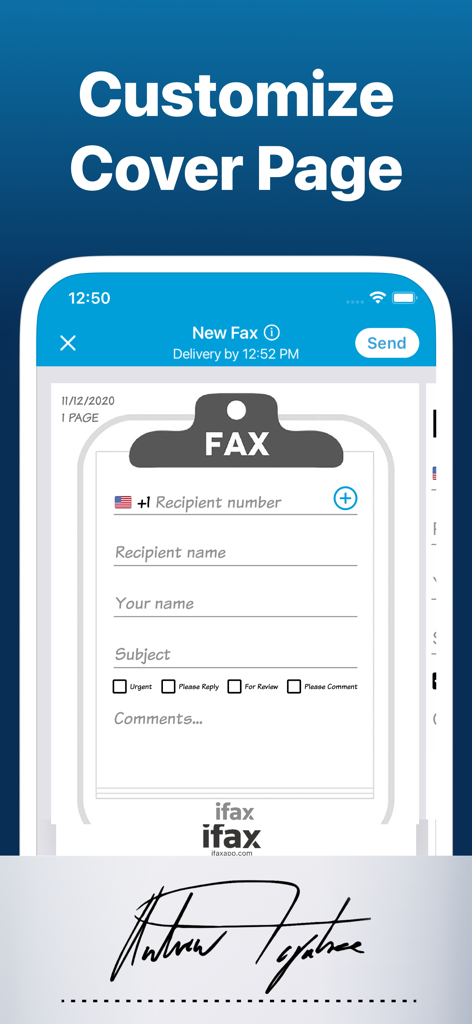 iFax App Send Fax From iPhone - 受信者の詳細と優先度チェックボックスを使用してFAX送付状をカスタマイズするためのiFaxアプリインターフェース