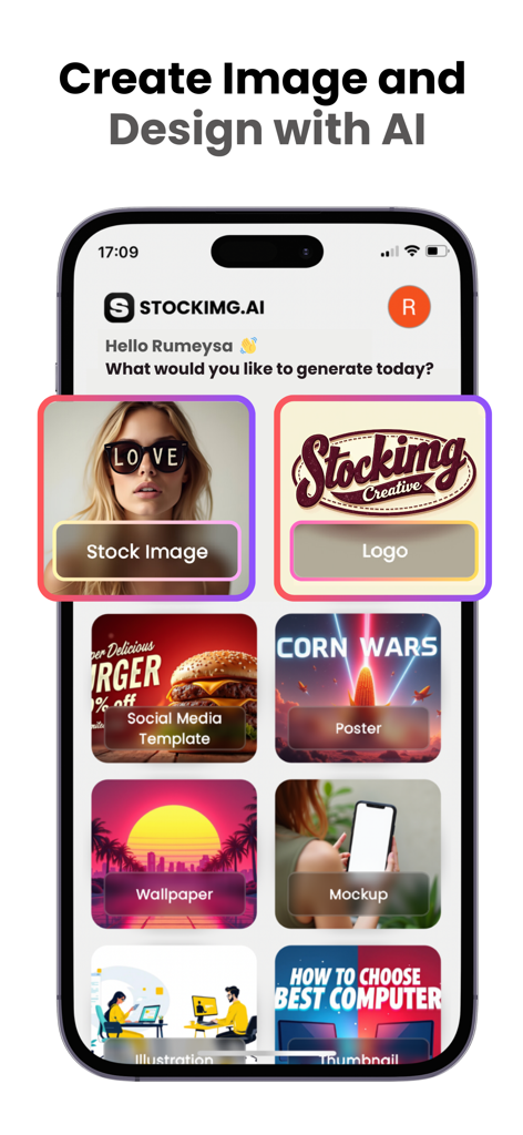 Stockimg AI: Stock Photo, Logo - Stockimg AI mobile app interface displaying various AI design categories like stock images, logos, and social media templates.