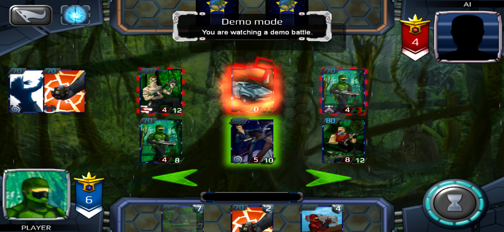 BSoD CCG - In-game screenshot of BSoD CCG showing a tactical card battle in a jungle.