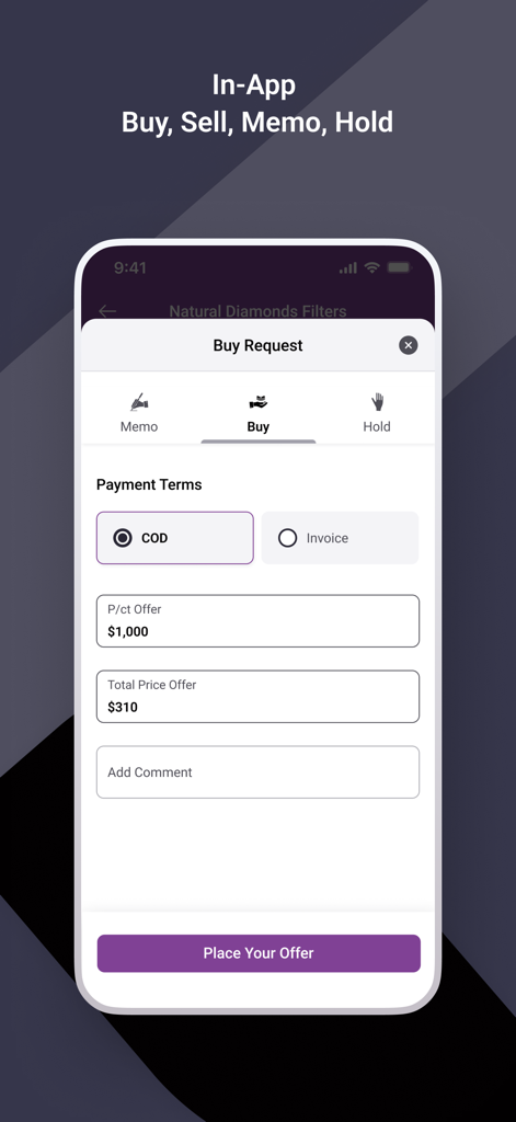 VDB - Virtual Diamond Boutique - Virtual Diamond Boutique app interface for placing a diamond buy request with payment terms and price offer fields.