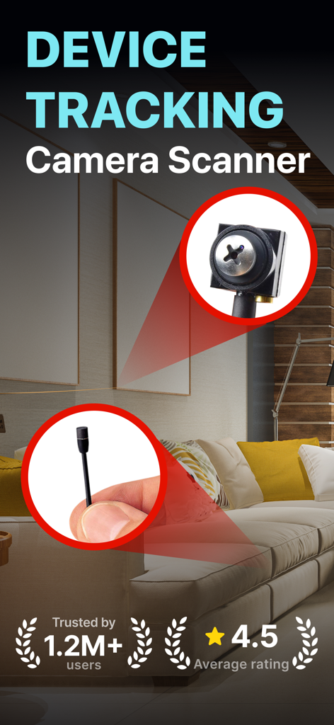 Bildschirm der App Hidden Camera Detector FindSpy, der die Geräteverfolgung für Privatsphäre in einem Wohnzimmer zeigt