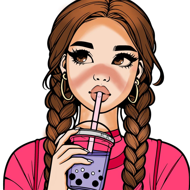 realistic girl with braided hair drinking boba
