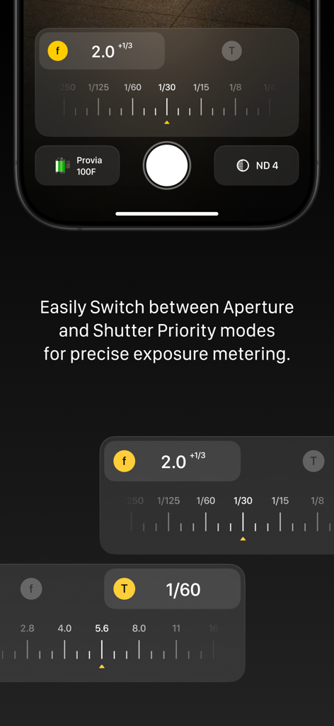 Light Meter - Film Exposure - Interface de l'application Light Meter présentant les modes priorité ouverture et priorité diaphragme pour une exposition argentique précise.