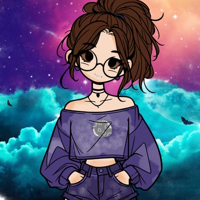 girl with a messy ponytail glasses a baggy crop top and jean shorts