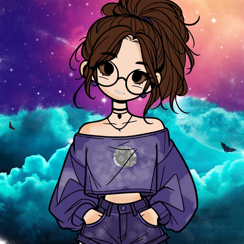 girl with a messy ponytail glasses a baggy crop top and jean shorts