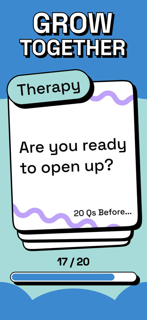 20 Questions: Game For Couples - 20の質問アプリのカップルセラピー質問カード、「心を開く準備はできていますか？」というテキスト付き。