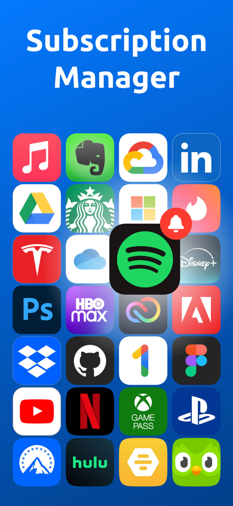 Subscription Trackerㅤ - A grid of popular app icons like Spotify and Netflix under the text Subscription Manager