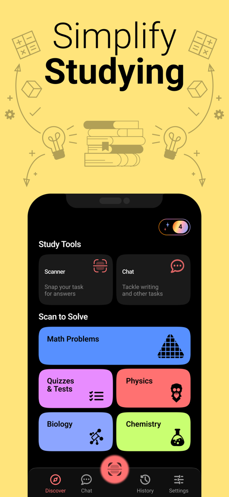 Homework Helper - Wizard AI - 수학, 물리, 생물, 화학 스캔 해결 옵션을 보여주는 숙제 도우미 Wizard AI 앱 인터페이스