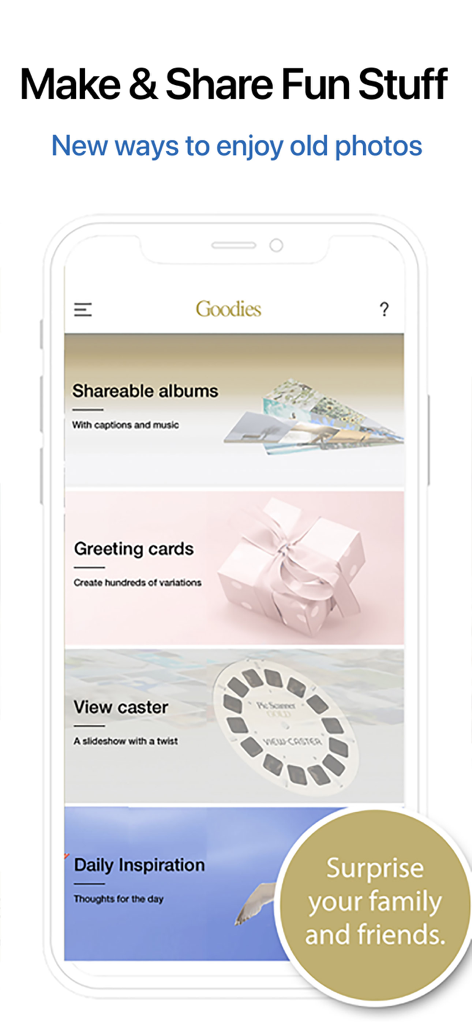 Pic Scanner Gold: Scan photos - Pic Scanner Gold app screen showing creative features for scanned photos including shareable albums and greeting cards
