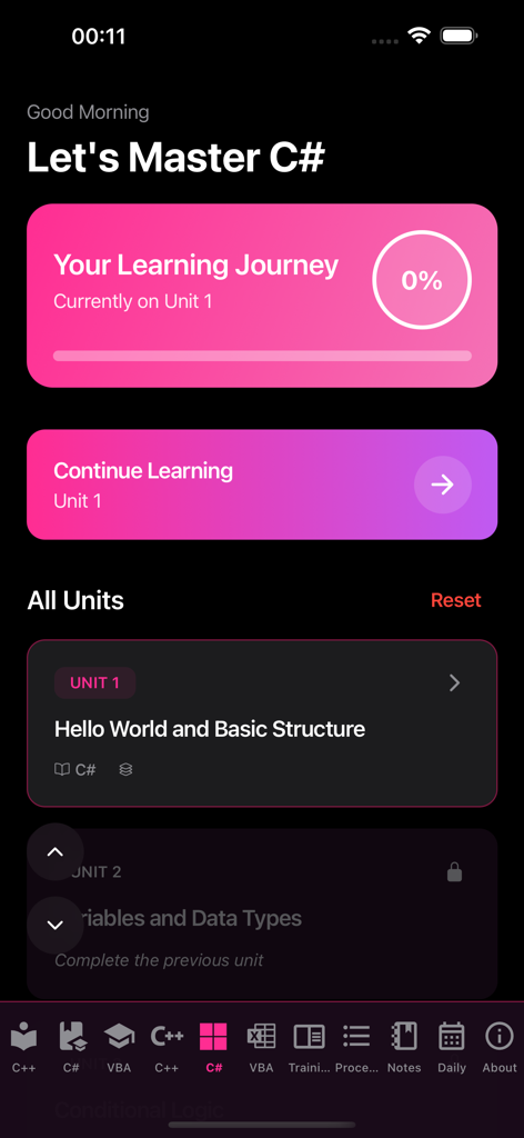MSDev Academy - MSDev Academy App-Oberfläche, die C Sharp-Programmiereinheiten und Fortschrittsverfolgung anzeigt