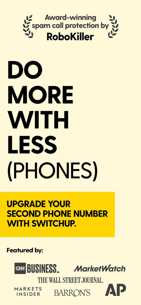 SwitchUp promotional graphic featuring RoboKiller spam protection and the slogan Do More With Less Phones