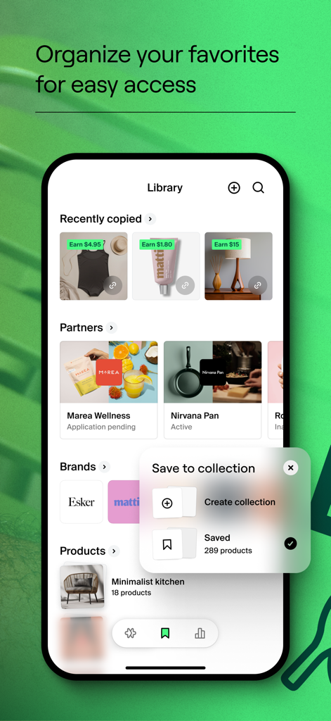 Collabs: Content commerce - Shopify Collabs app library screen showing product collections and brand partners for content creators.