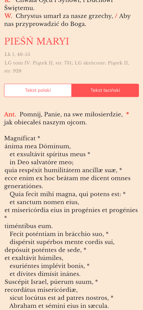 Brewiarz - Screenshot of the Brewiarz app displaying the Song of Mary prayer in Latin