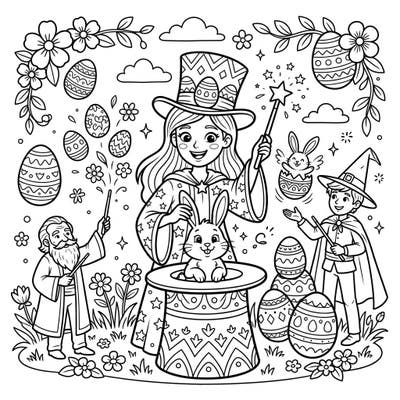 Step into a world of wonder with our Easter Magicians coloring page, where festive magic meets spring delights. This charming scene features whimsical magicians, playful bunnies, and beautifully decorated Easter eggs, all ready for your vibrant touch.