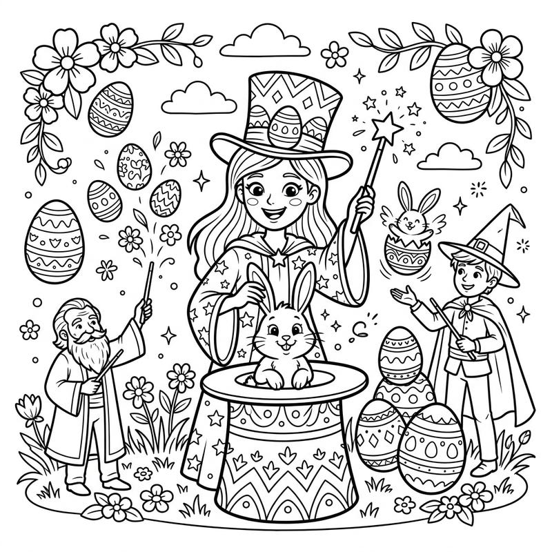 Step into a world of wonder with our Easter Magicians coloring page, where festive magic meets spring delights. This charming scene features whimsical magicians, playful bunnies, and beautifully decorated Easter eggs, all ready for your vibrant touch.