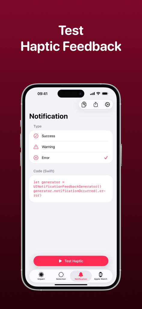 iPhone screenshot showing haptic notification feedback types and the corresponding Swift code for developers.