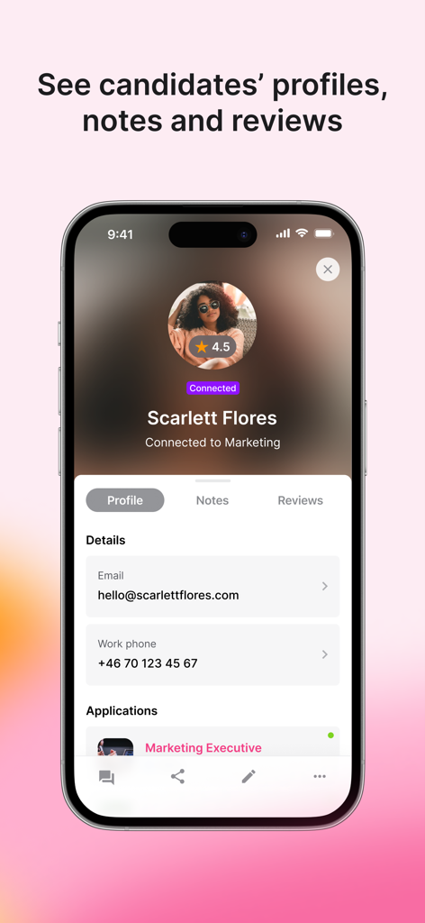 Teamtailor - Teamtailor mobile app showing a candidate profile with contact information and rating