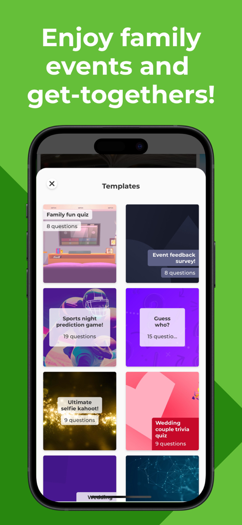 Kahoot app screen displaying quiz templates for family events and social gatherings