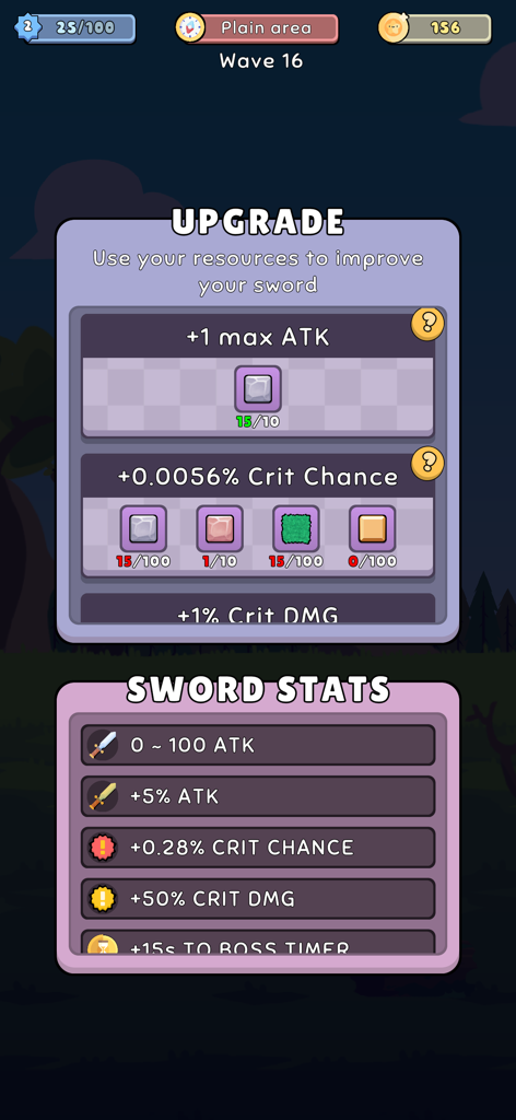 Schwert-Upgrade- und Charakter-Statistikmenü in Pause Game Incremental RPG