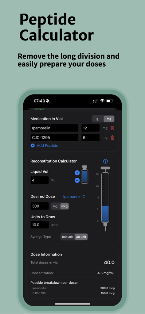 OptiPin | TRT Peptide Tracker - A mobile app interface for the OptiPin peptide calculator showing medication dose and reconstitution details.