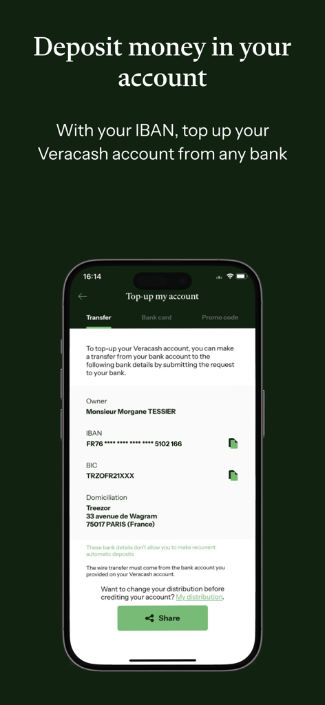 Veracash - Écran de l'application mobile VeraCash montrant comment déposer des fonds par virement bancaire IBAN
