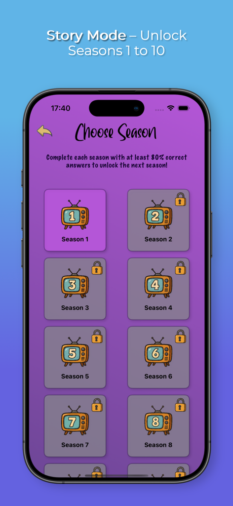 Friends trivia app screen showing story mode with season by season challenges