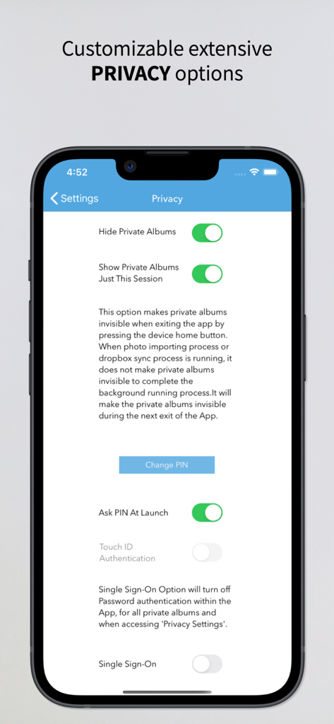 Privacy settings screen of the Photo Album Cloud Vault app featuring invisible mode and passcode options