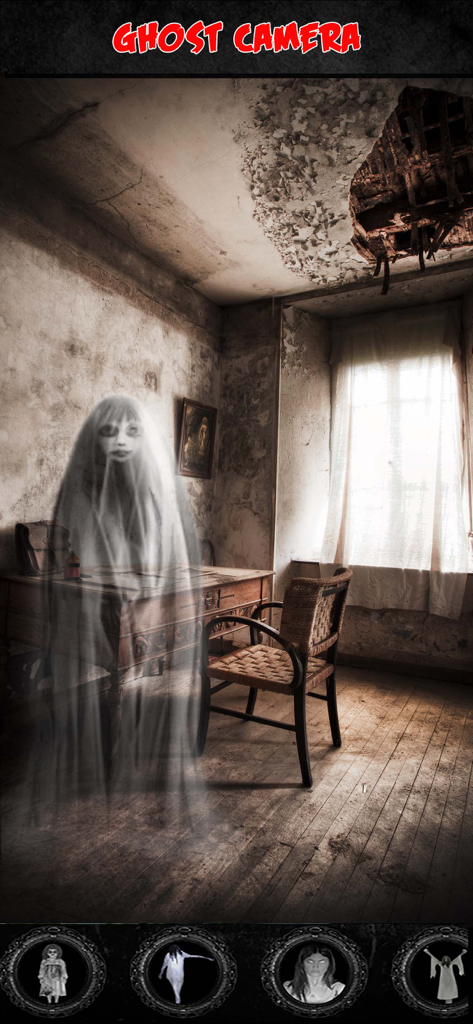 Ghost Caught on Camera Prank - Ghost sticker edited onto a photo of an abandoned room in the Ghost Camera app