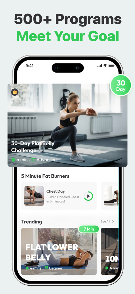 7 Minute Workout: Exercise App - iPhone-Display mit verschiedenen Fitnessprogrammen, darunter eine 30-Tage-Flat-Belly-Challenge und 5-Minuten-Fatburner.