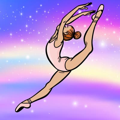 gymnast doing a leap in a leotard with a bent back leg