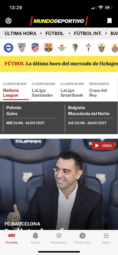 Mundo Deportivo mobile app home screen showing latest sports news and FC Barcelona updates