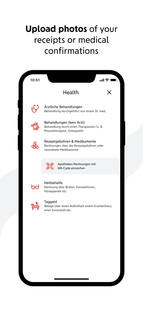 losleben - Wiener Städtische - loslebenアプリのインターフェース。医療費領収書や健康保険請求書のアップロードカテゴリを表示。