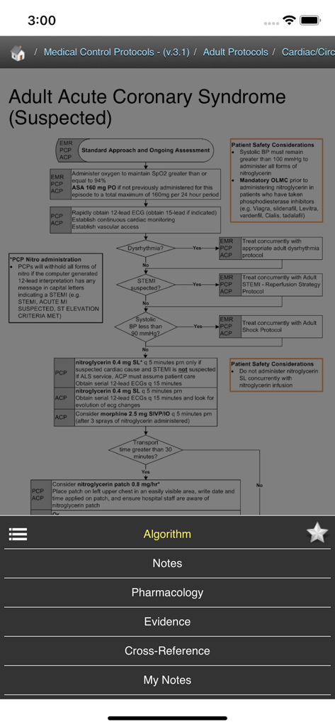 Medical flowchart for suspected Adult Acute Coronary Syndrome in the AHS EMS application