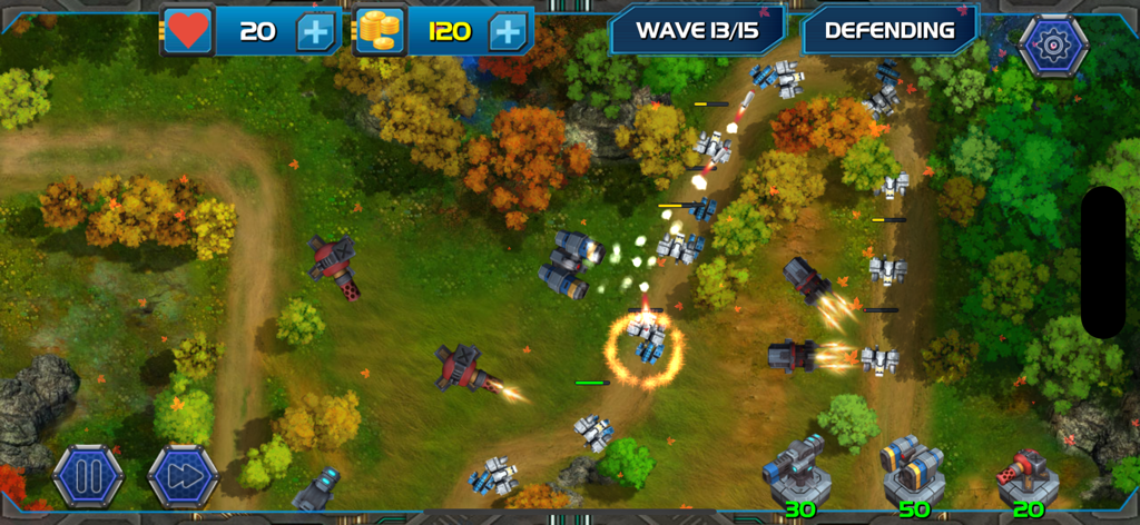 Rush Zone: Tower Defense TD - Tactical tower defense gameplay in Rush Zone showing turrets attacking robotic enemies in a forest landscape.