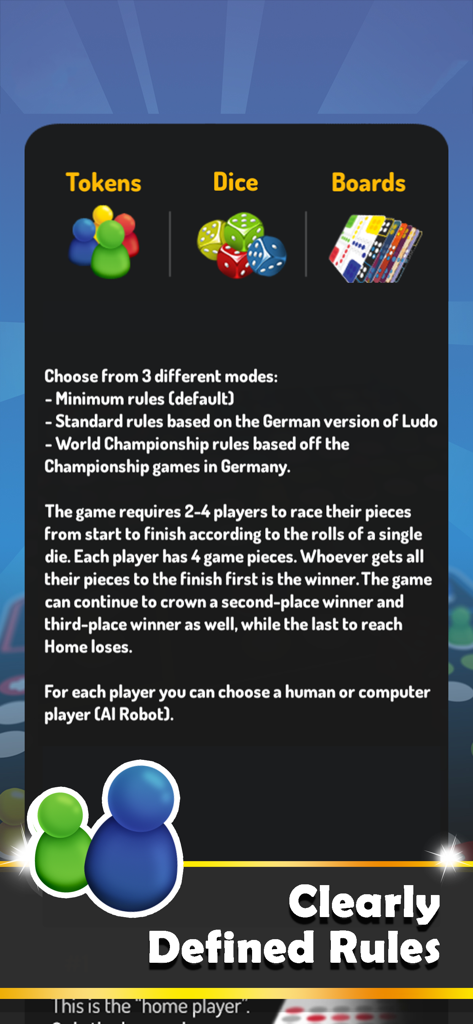 Ein Bildschirm aus Ludo Trouble, der Spielregeln, Modi und Anpassungsoptionen detailliert beschreibt.