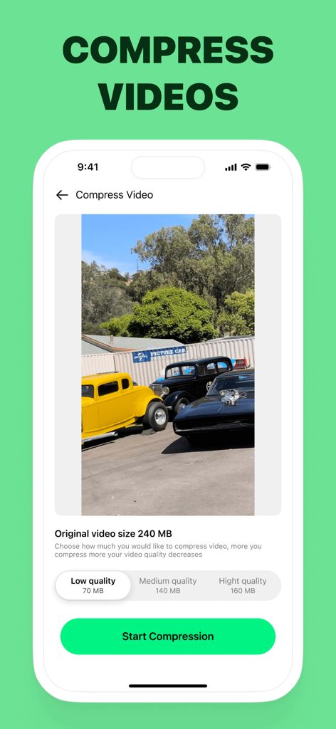 Videokomprimierungsfunktion in der Pro Cleaner App, die Optionen zur Reduzierung der Dateigröße anzeigt