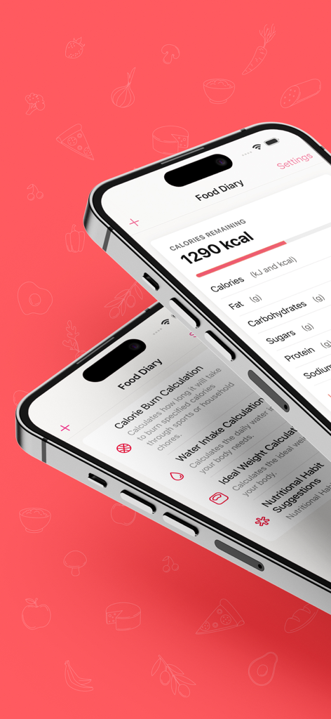 Food Diary - Nutrition Tracker - Two iPhones displaying the Food Diary nutrition tracker app with calorie and macronutrient logging screens.