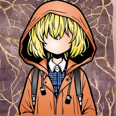 little anime girl in a raincoat her hair is covering her eyes she has a lighter