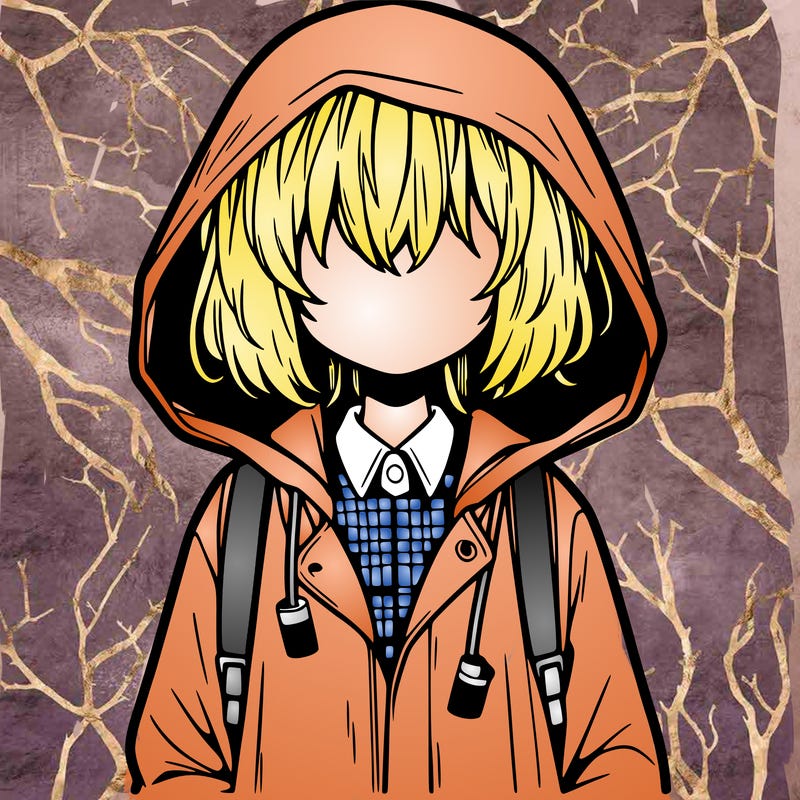 little anime girl in a raincoat her hair is covering her eyes she has a lighter
