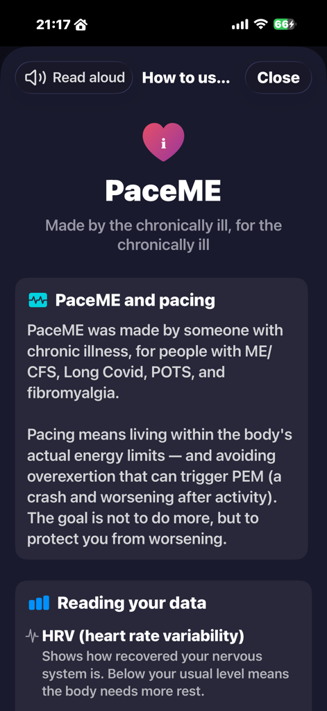 PaceME: Pacing & Energy - PaceME app interface explaining energy pacing and HRV data tracking for people with chronic illnesses