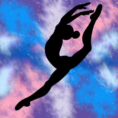 gymnast doing a leap in a leotard with a bent back leg