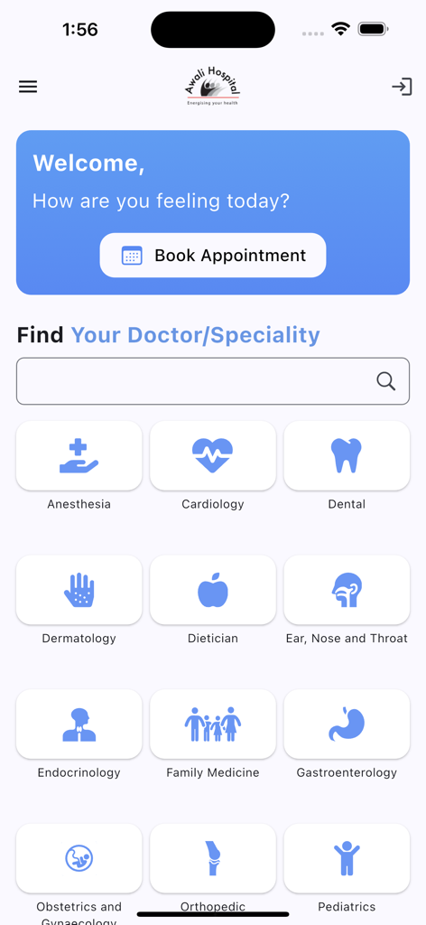 Awali Hospital - Awali Hospital app interface showing medical specialties and appointment booking button