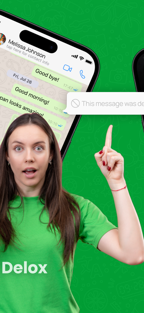 A surprised young woman pointing to a deleted message notification on a smartphone screen featuring the Delox app.