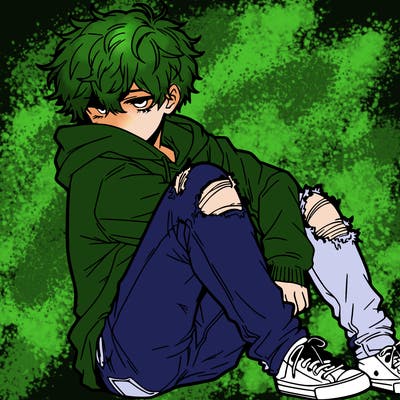 a male hoddie ripped jeans messy hair anime