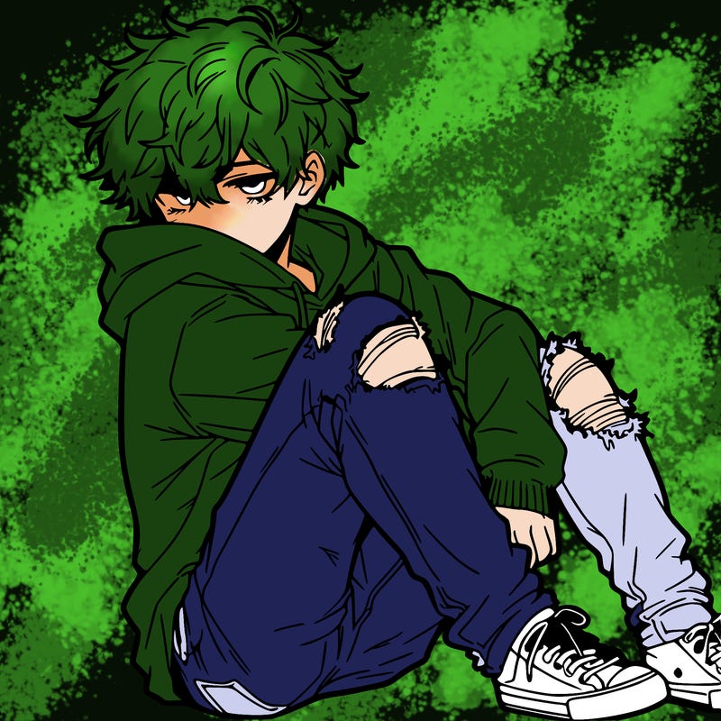 a male hoddie ripped jeans messy hair anime